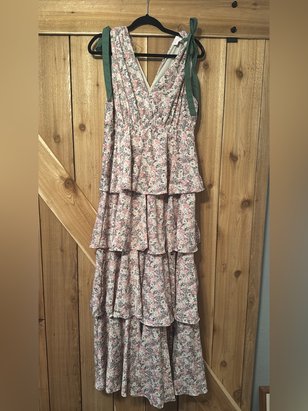 ENTRO Tiered Floral Maxi Dress with Green Tie Straps